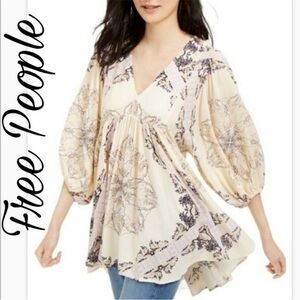 Free People Girl Talk Printed Tunic Top Blouse Ivory Combo Cream Purple Large